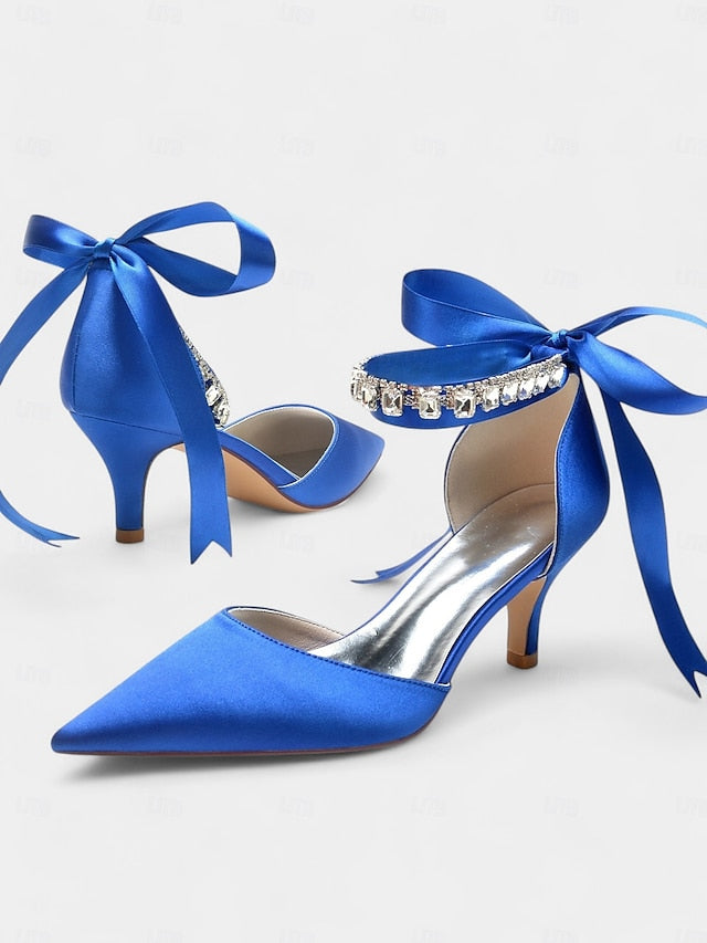 Heels Blue Ankle Strap Pointed-Kitten with and Rhinestone Satin