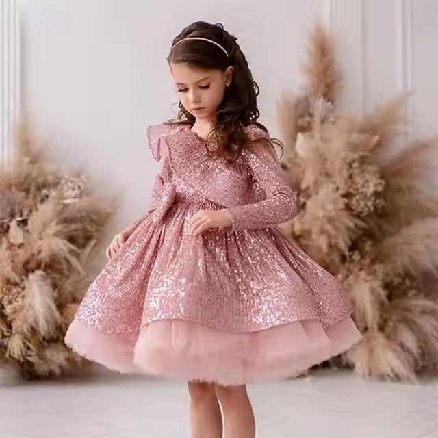 Kids Long Dress Color Party Sleeve Performance Girls' Solid
