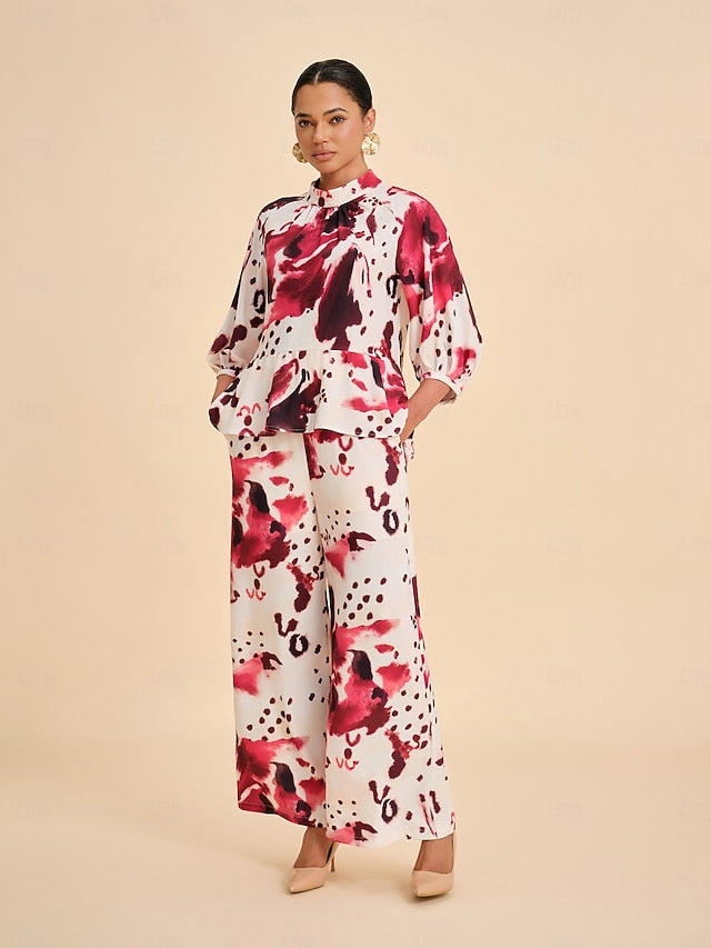 Women's Blouse Wine Abstract Print Standing Collar Casual
