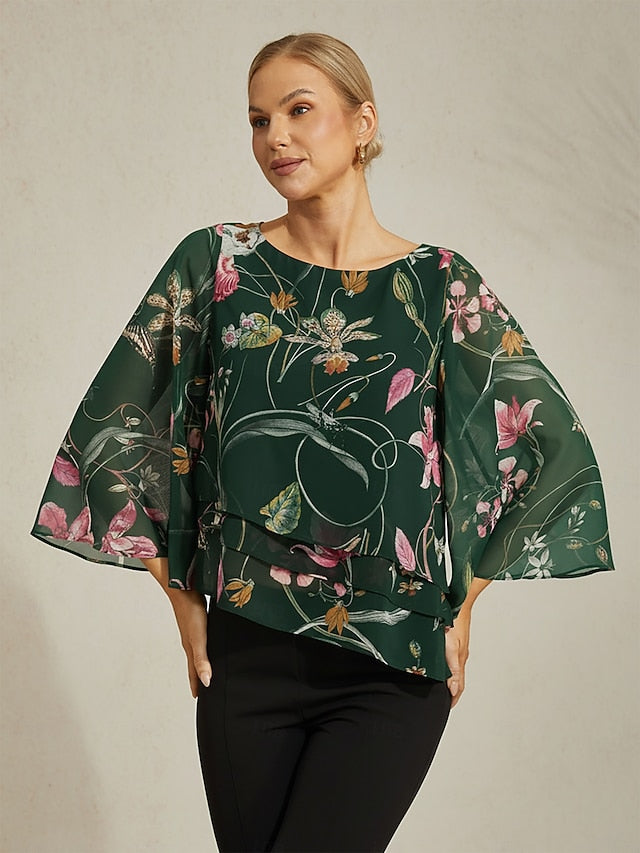Women's Blouse Sheer Chiffon Green Floral Print Half Sleeve