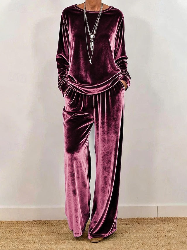 Women's Pants Sets Long Sleeve Round Neck Solid Color