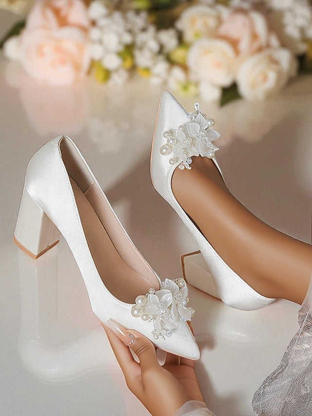 and Women's White Pearl Crystal with Wedding Heels