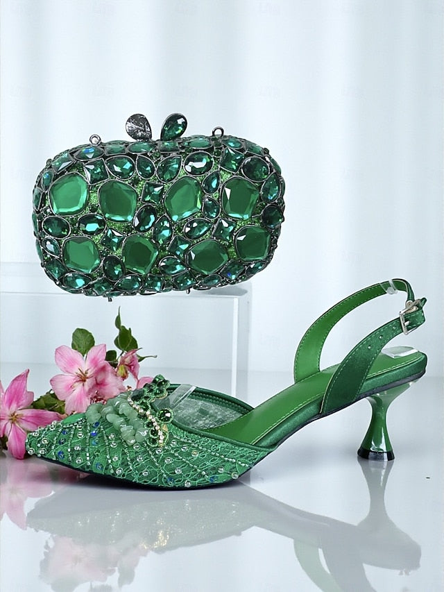 Green Women's Clutch Set Shoes Rhinestone Heel and - Bag