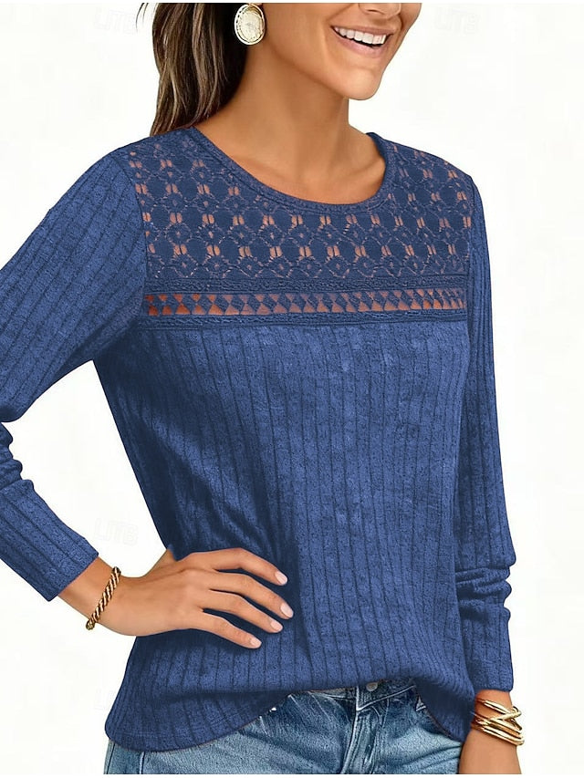 Women's Ribbed Knit Tops T Shirt Eyelet Vintage Casual Long