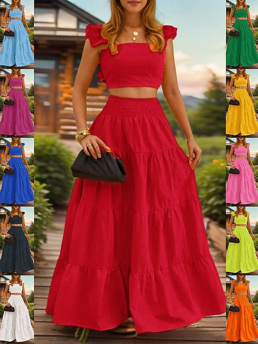 Women's Skirt Sets Sleeveless Square Neck Plain Ruched
