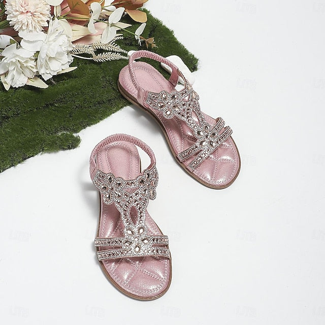 – T-Strap Women's Silver Boho Rhinestone Sandals Flat
