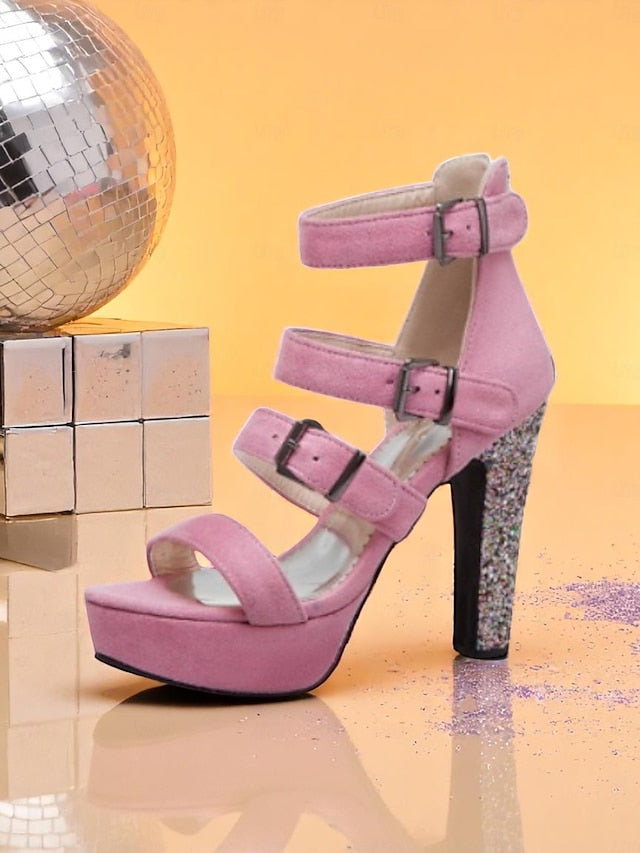 Platform Glitter Brown Suede High Women's Heel Sandals with