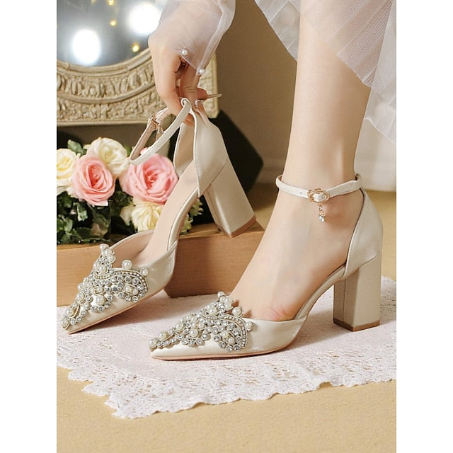 Women's Heel Embellished Wedding Rhinestone and Pearl Block