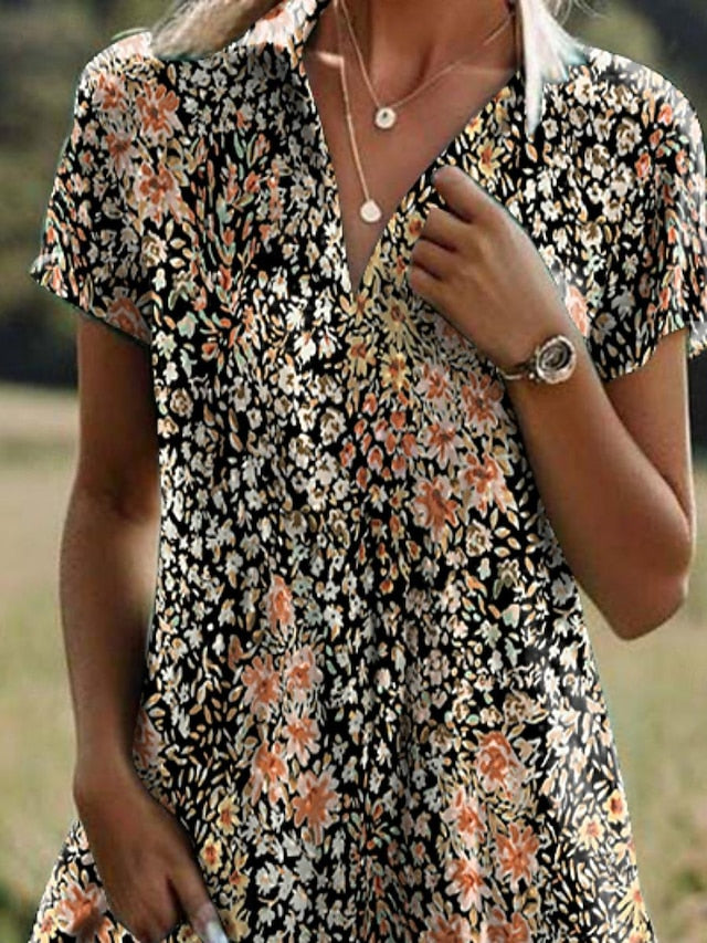 Women's Ditsy Floral Lapel Long Dress Maxi Dress Short