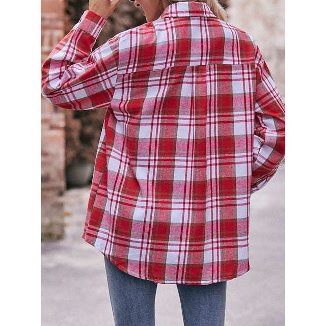 Women's Shirt Pocket Buttons Print Plaid Vintage Tropical