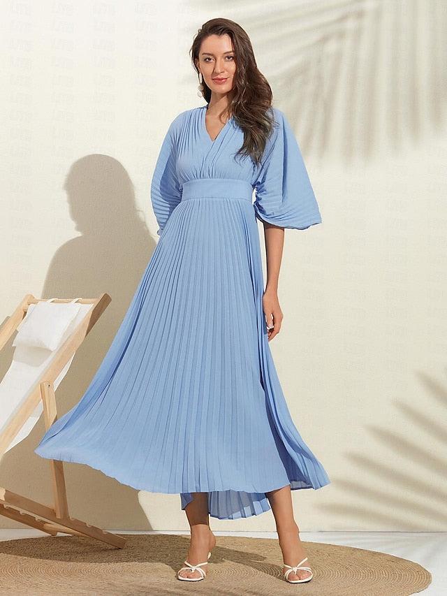 Women's Wedding Guest Dress Maxi Blue V-Neck Dolman Sleeve