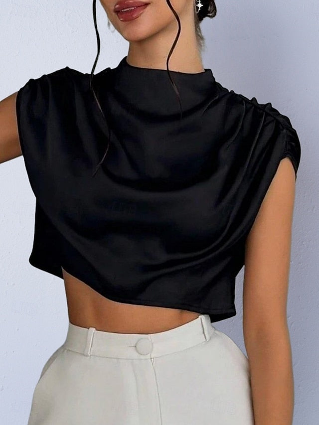 Women's Shirt Satin Shirt Blouse Wrap Crop Top Ruched Plain