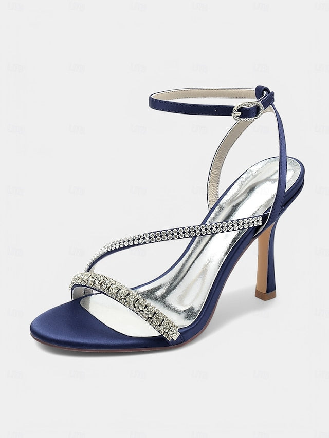 Champagne Sophisticated Strappy Heels Rhinestone Satin –
