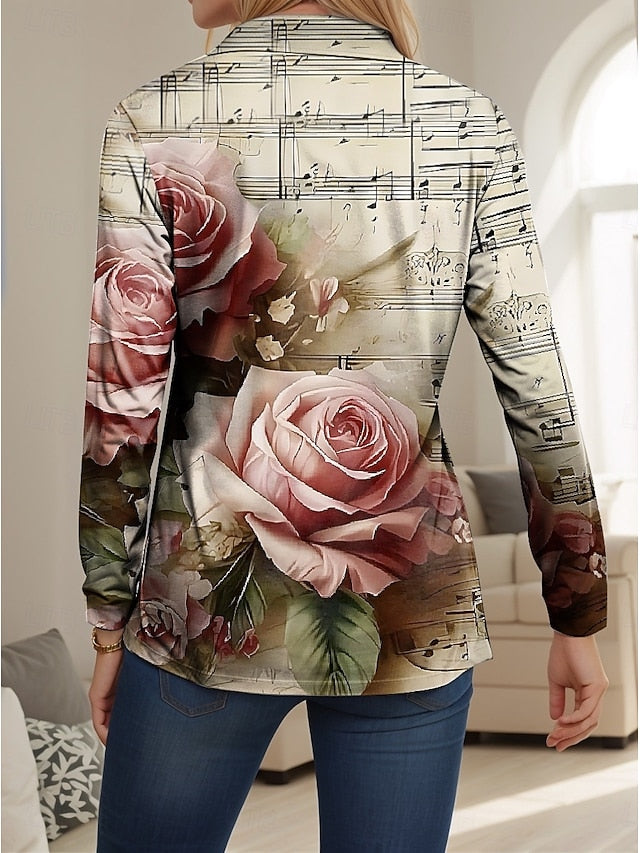 Women's T Shirt Rose Modern Long Sleeve V Neck T Shirt