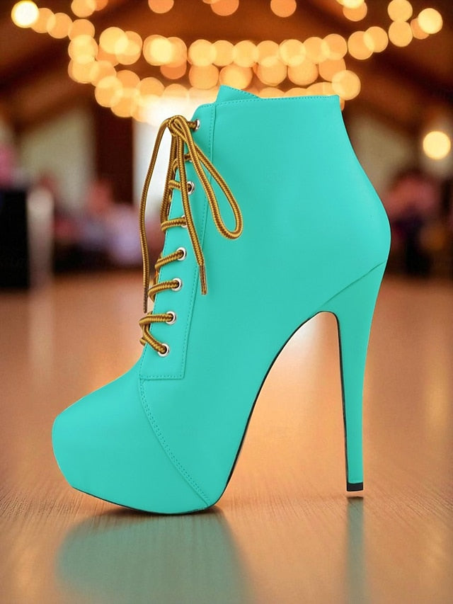 - Ankle Lace-Up Boots Leather Women's Beige Faux Platform