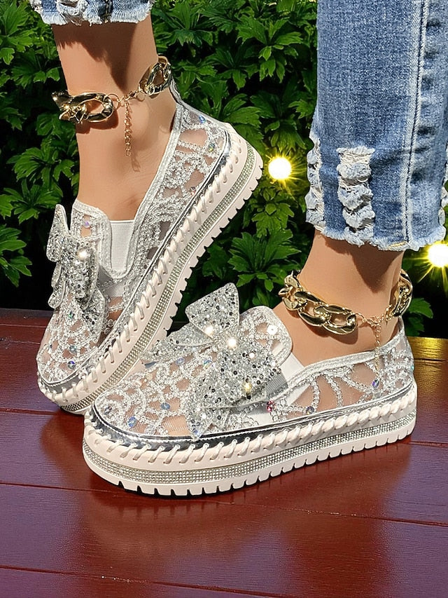 Lace Women's Bow with Rhinestone Black Shoes Slip-On