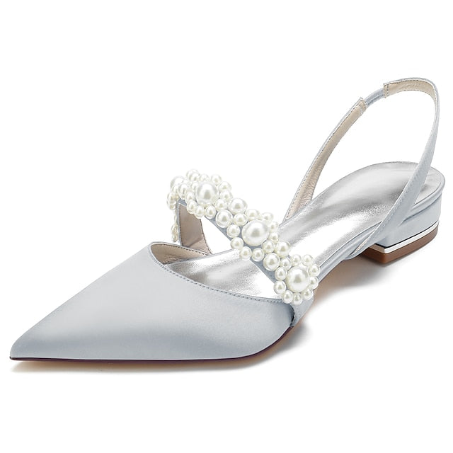 White Women's Elegant Pearl Satin Shoes with