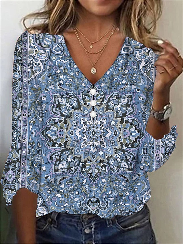 Women's T Shirt Henley Shirt Buttons Print Floral Vintage