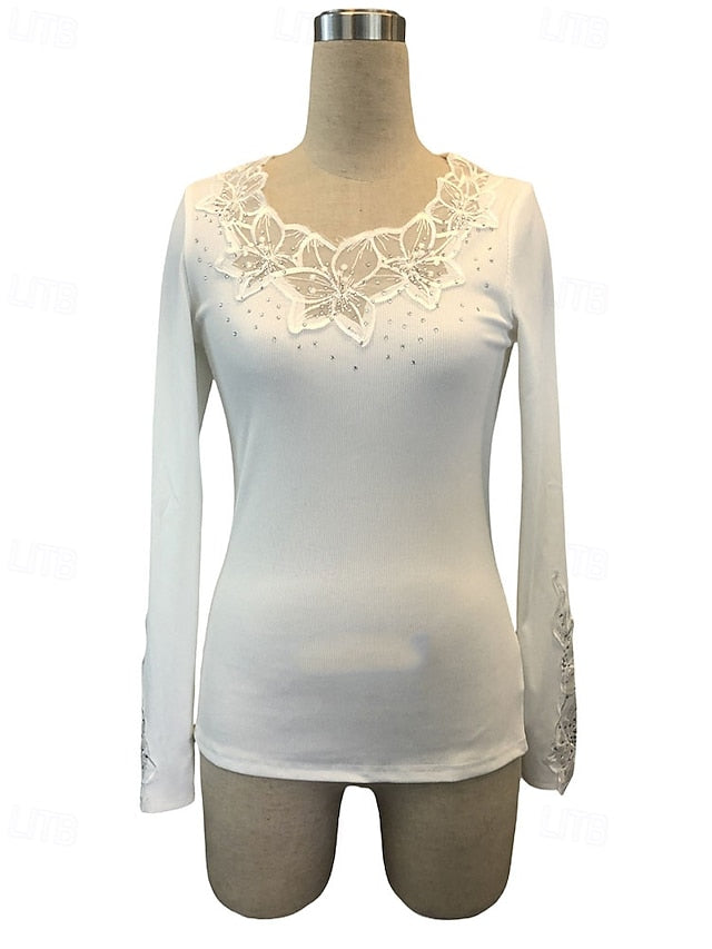 Women's T Shirt Tee Top Lace Patchwork Solid Color Elegant