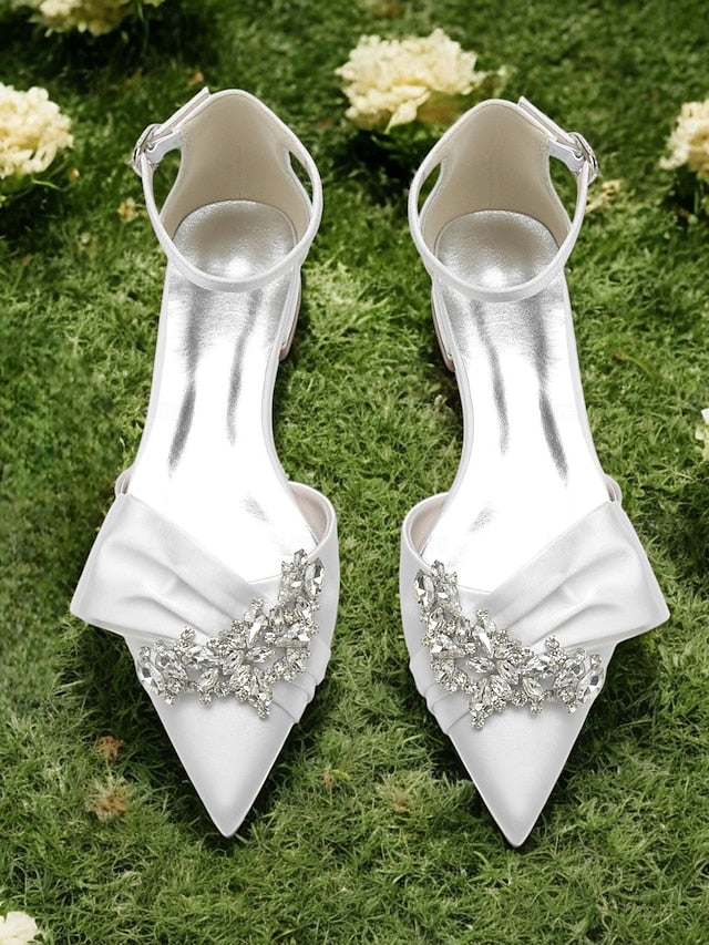Rhinestone Satin Pointed-Toe Ankle White and Heels with Bow