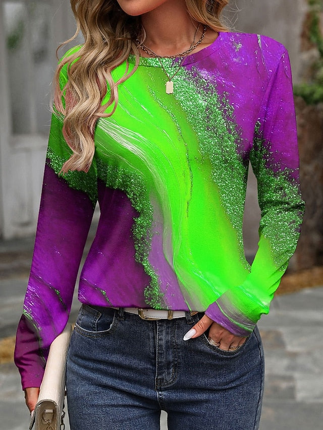 Women's T shirt Crew Neck Long Sleeve Tunic Ombre Graphic