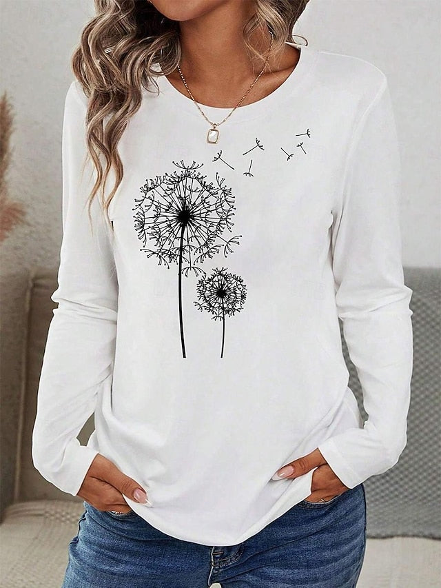 Women's T Shirt Print Dandelion Basic Casual Long Sleeve