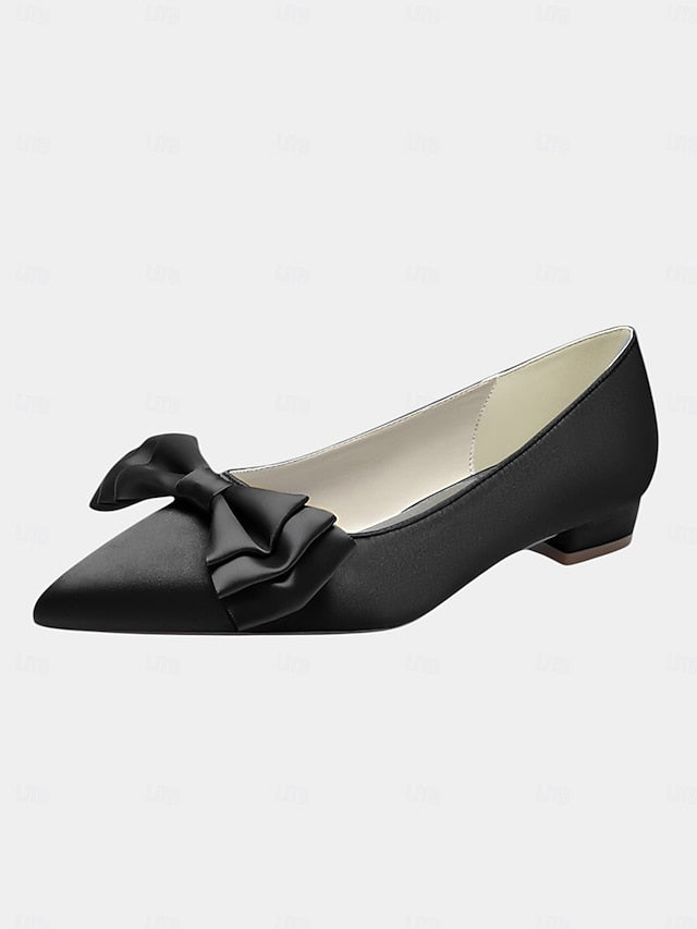 Women's Pointed Satin Bow Green - Flats Toe Elegant