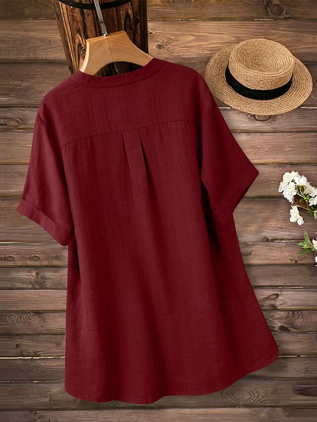Women's Blouse Faux Linen Shirt Buttons Solid Color Daily