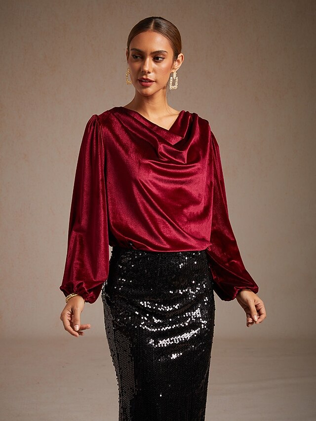 Women's Shirt Velvet Blouse Dressy Tops Elegant Cowl Neck