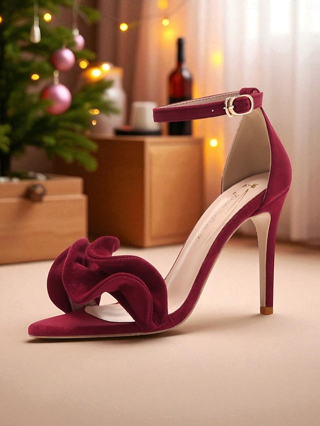 Sandals Heel Ankle Elegant High Strap Velvet Red Women's -