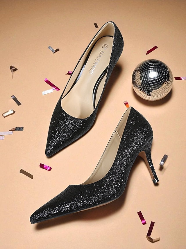 Women's Stiletto Sparkly Pumps Gold Pointed-Toe Glitter -