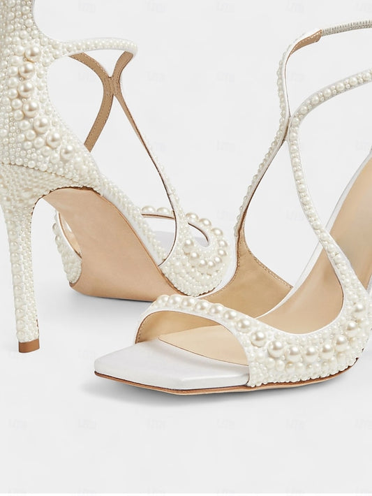 Open-Toe Stiletto Sandals Ankle with White Pearl-Embellished