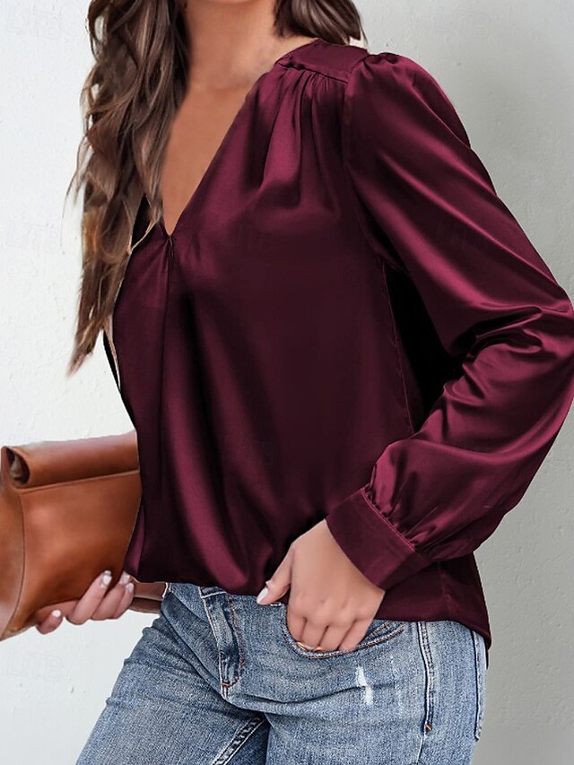 Women's Shirt Elegant Satin Top Blouse Ruched Plain Vintage
