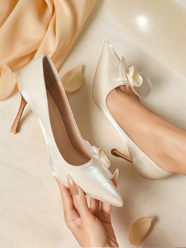 Floral Pointed Heels Wedding Satin Elegant - Women's Ivory