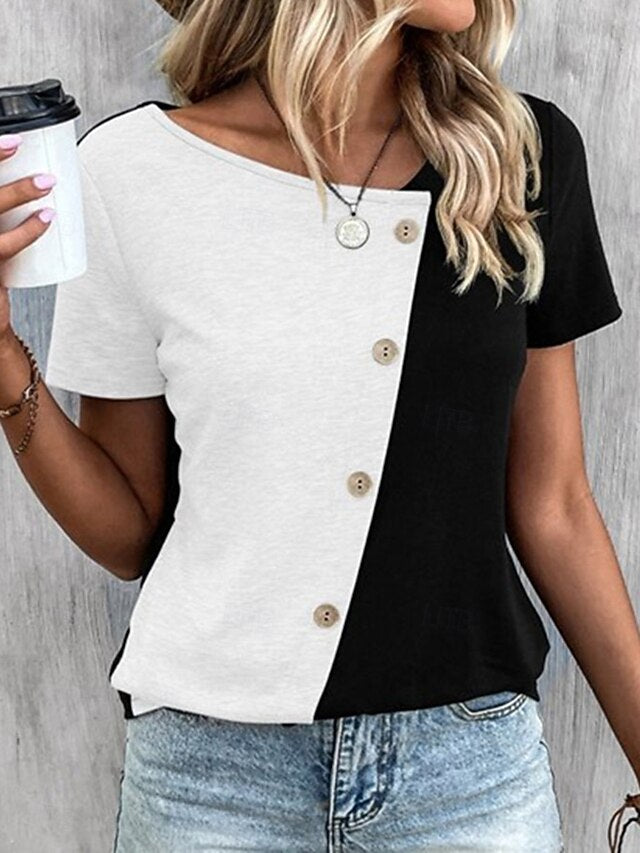 Women's T Shirt Buttons Casual Short Sleeve Asymmetric Neck