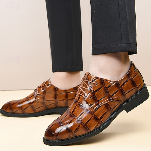Crocodile-Pattern Brown Leather Shoes Men's