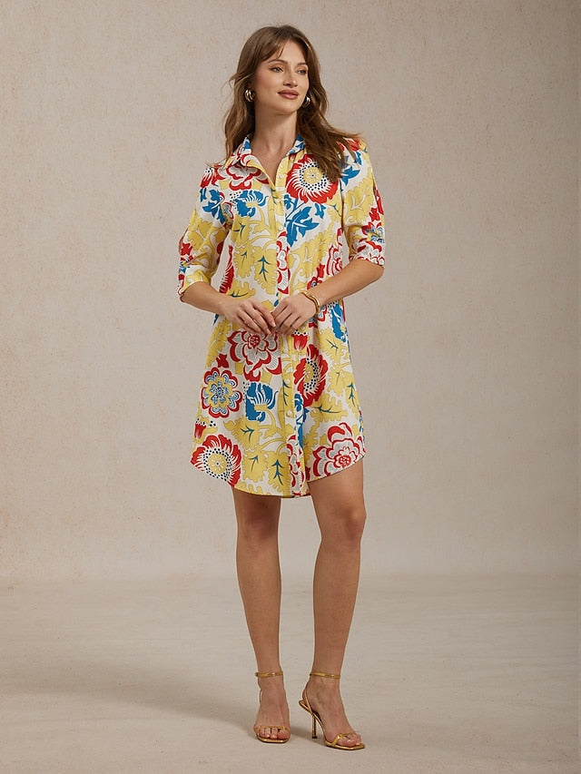 Vacation Satin Yellow Floral Print Shirt Mini Dress
