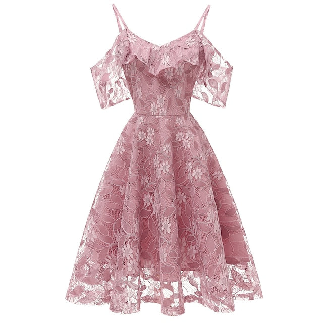A-Line Knee Length Prom Dresses Elegant Vintage Short Sleeve V
