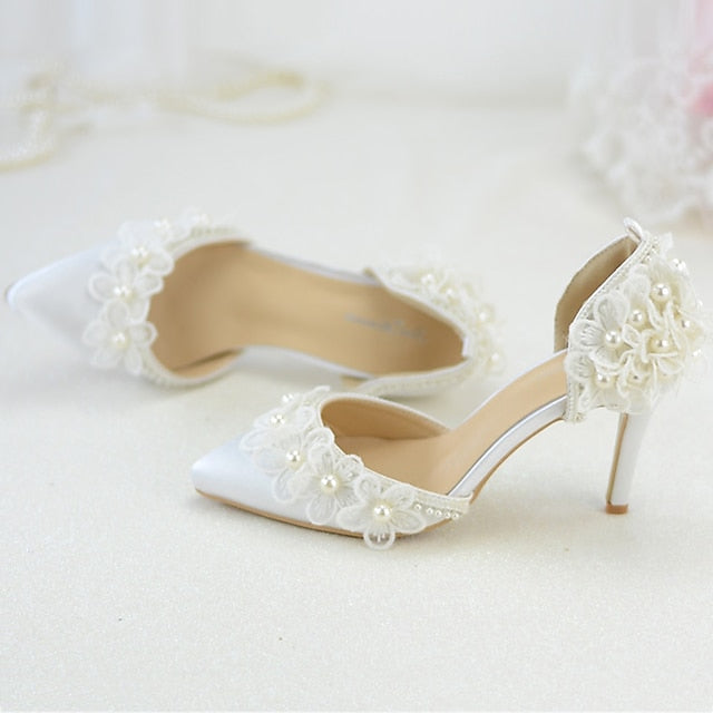 Women's White Lace Floral with Platform Wedding Heels
