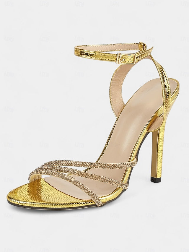 Rhinestone-Embellished Women Sandals for Stiletto Open-Toe Gold