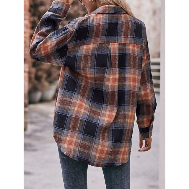 Women's Shirt Pocket Buttons Print Plaid Vintage Tropical