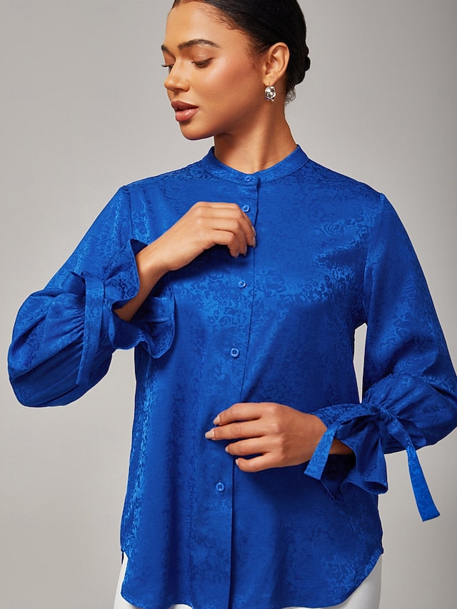 Women's Royal Blue Satin Shirt Subtle Jacquard Lustrous