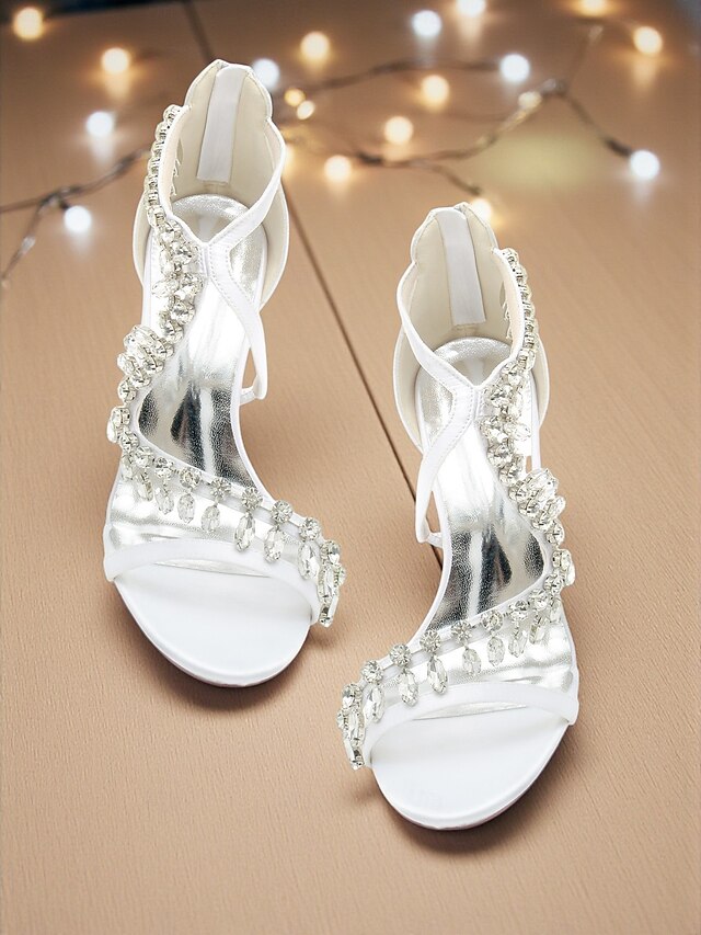 with Strappy Heel High Sandals Rhinestone Women's White