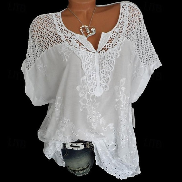 Women's White Bohemian Blouse Lace V-Neck Openwork
