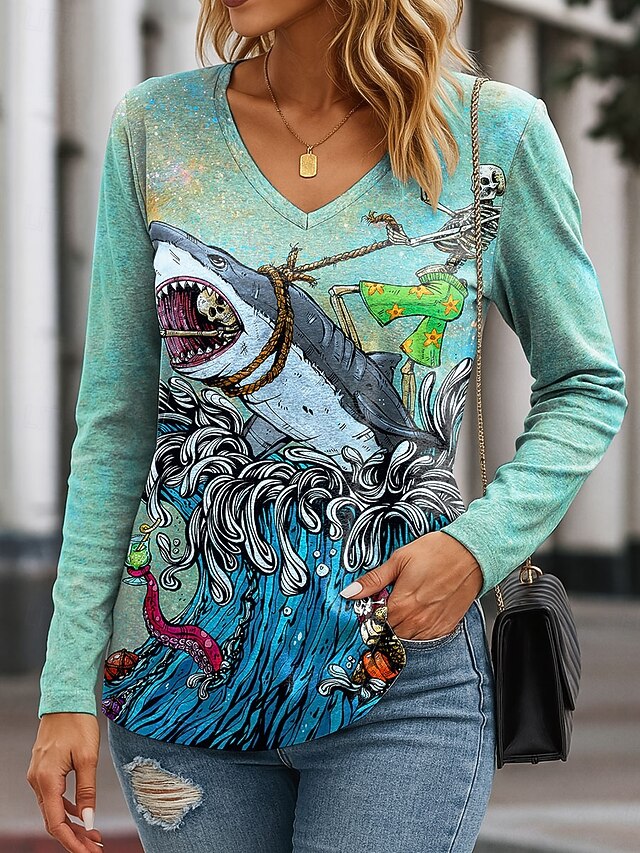Skull By David Lozeau Women's T Shirt V Neck Long Sleeve