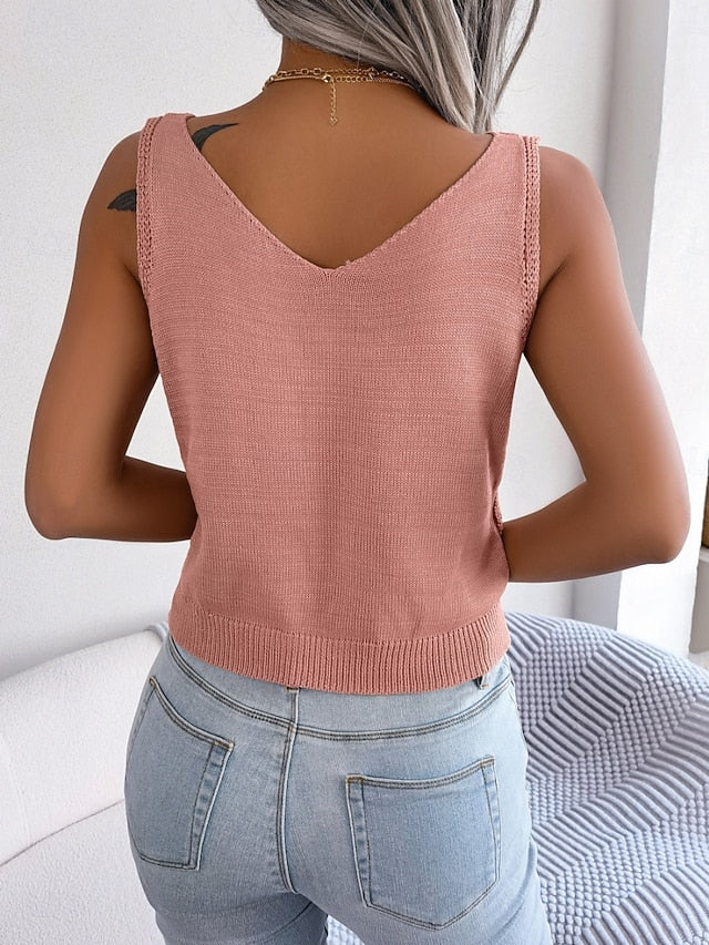 Women's Ribbed Knit Tops Tank Top Tee Top Buttons Solid