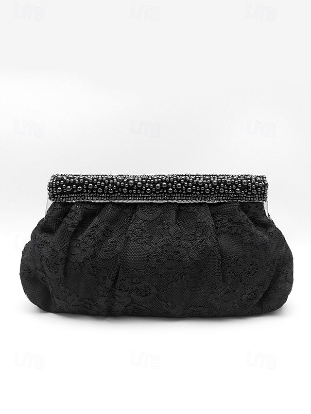 Bag Women's Evening Clutch Black Beaded with Elegant Lace