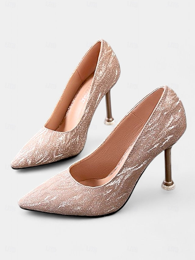 with Glitter Toe Pointed Champagne Stiletto Heels Women's