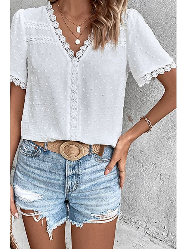 Women's T Shirt Lace Solid Color Fashion Short Sleeve V