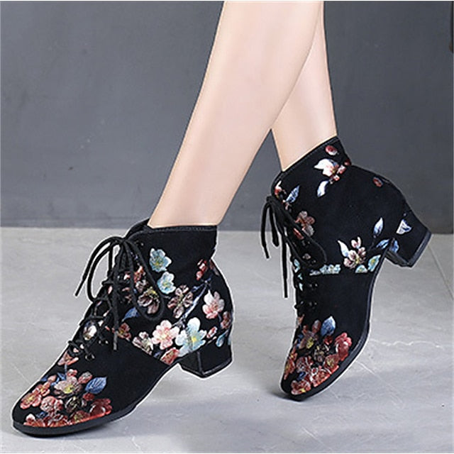 Black Low Floral Lace-up Comfortable Women Dance Shoes for –